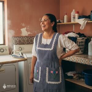 Blue Mexican Embroidered Apron – Essential Cotton Kitchen Apron Floral Design